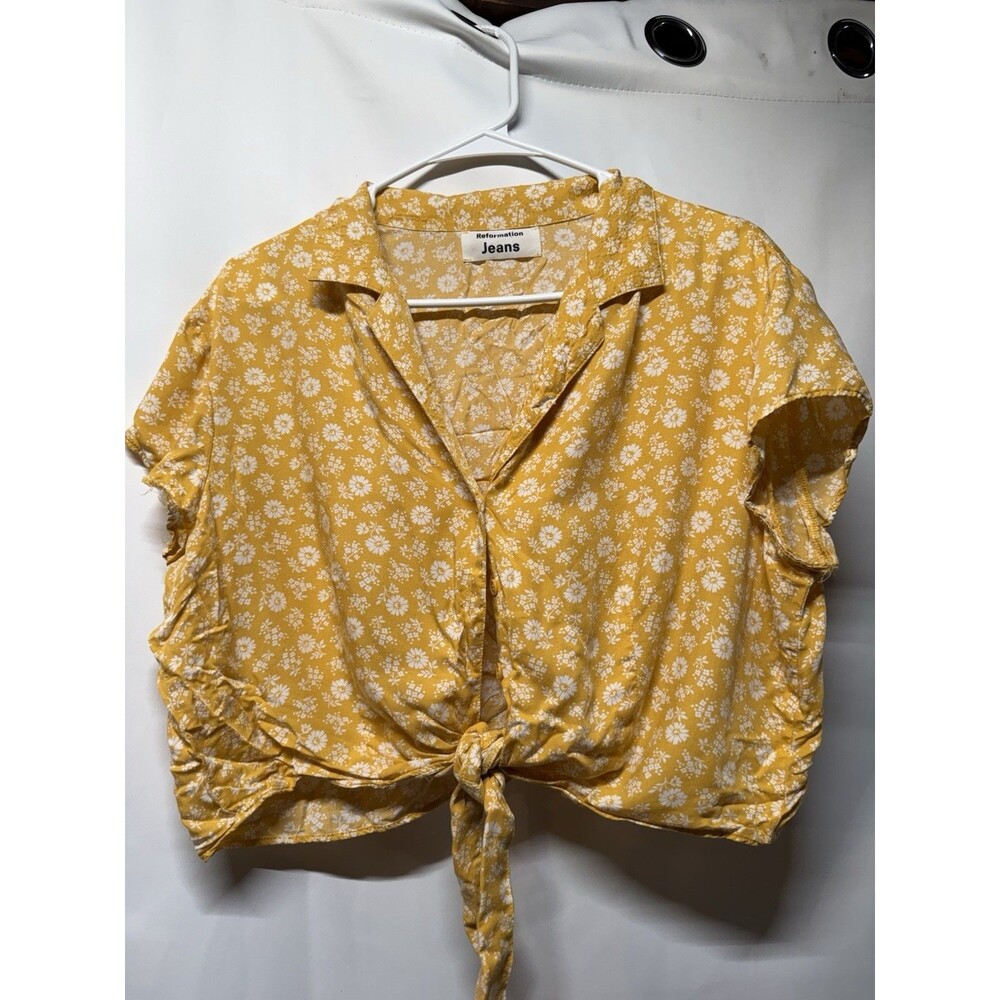 Reformation Jeans Yellow Floral Tie Front Crop Top Large Short Sleeve Tencel